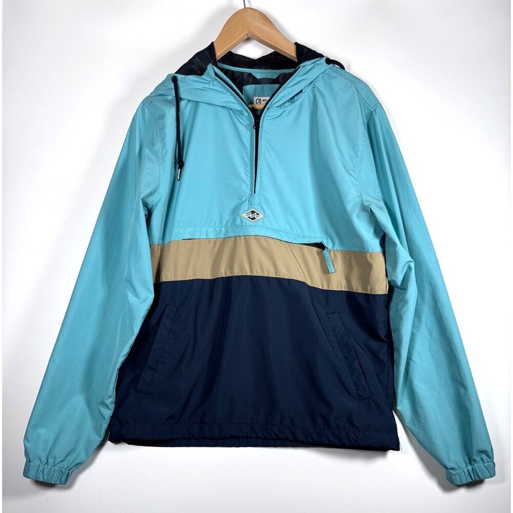 Billabong Recycler Windbreaker Jacket Mens Small Blue Tan Hooded Ripstop Coastal